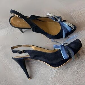 Elia Bruni Navy Suede Leather Slingback Pumps  Made in Spain